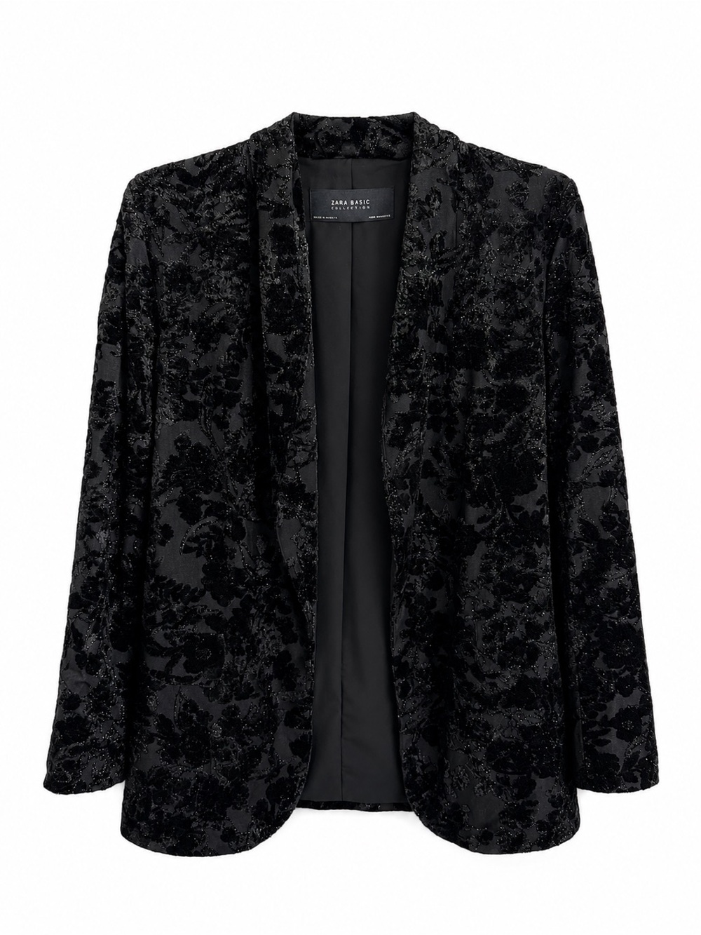 Zara Basic Collection Black Velvet Burnout Floral Oversized Blazer Size XS